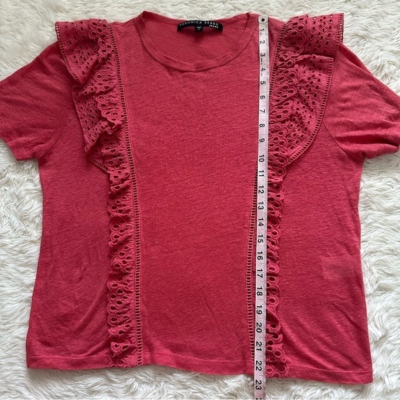 Veronica Beard Top Prema Eyelet Ruffle Crewneck Tee Linen Short Sleeve S - Picture 11 of 11